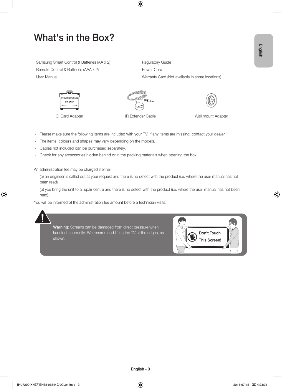What's in the box | Samsung UE65HU7200S User Manual | Page 3 / 97