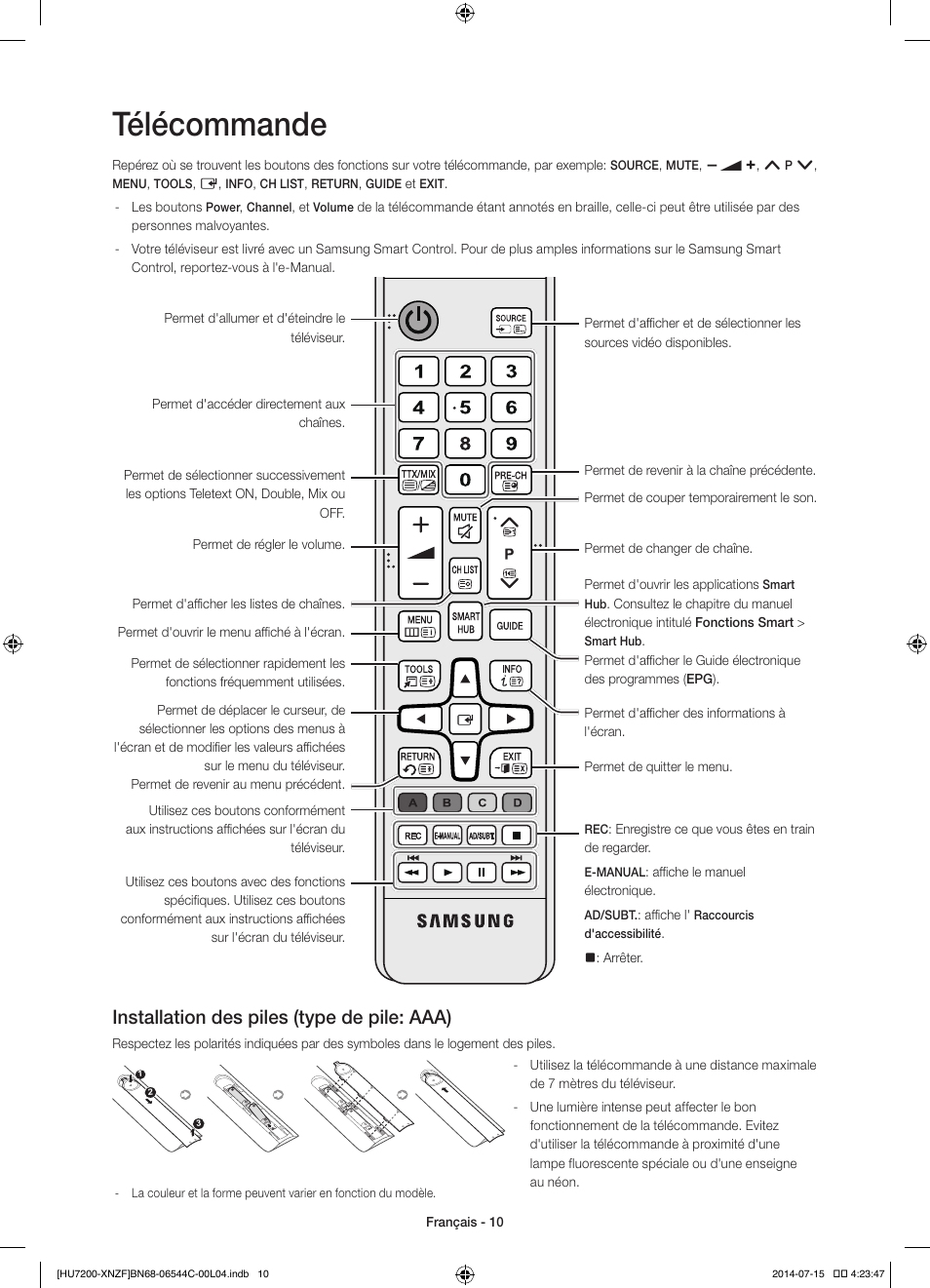 Télécommande, Installation des piles (type de pile: aaa) | Samsung UE65HU7200S User Manual | Page 34 / 97