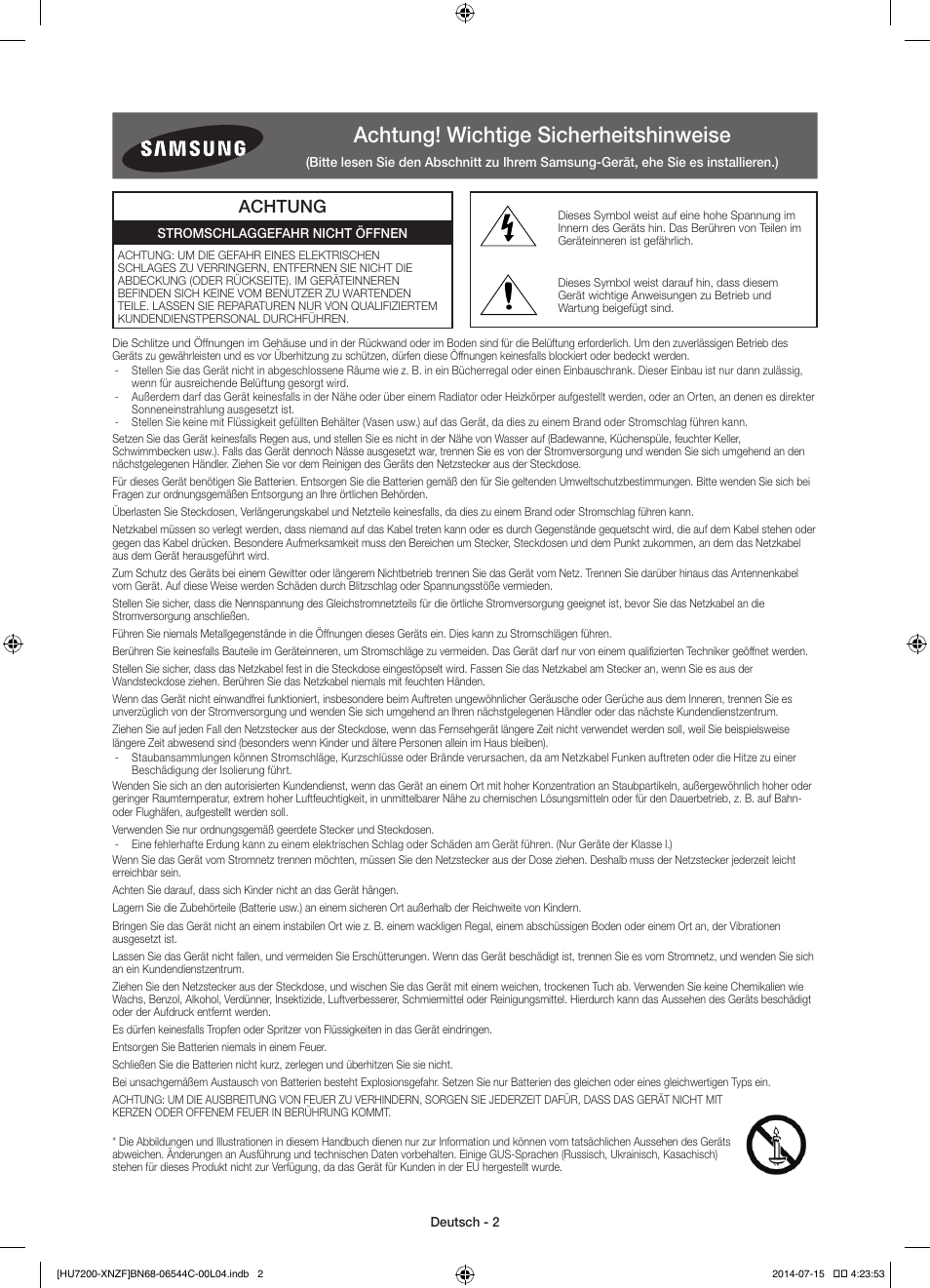Achtung! wichtige sicherheitshinweise, Achtung | Samsung UE65HU7200S User Manual | Page 50 / 97