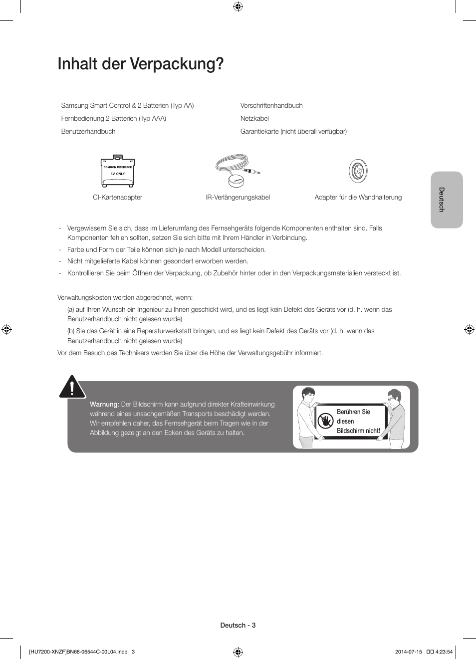 Inhalt der verpackung | Samsung UE65HU7200S User Manual | Page 51 / 97