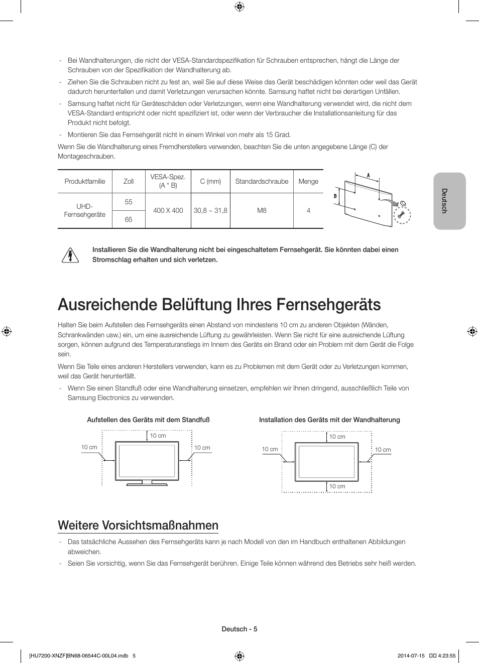 Ausreichende belüftung ihres fernsehgeräts, Weitere vorsichtsmaßnahmen | Samsung UE65HU7200S User Manual | Page 53 / 97