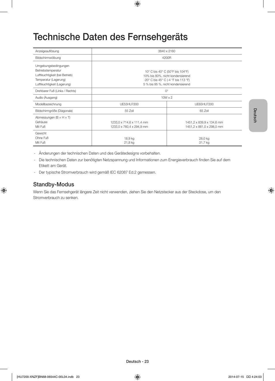 Technische daten des fernsehgeräts, Standby-modus | Samsung UE65HU7200S User Manual | Page 71 / 97