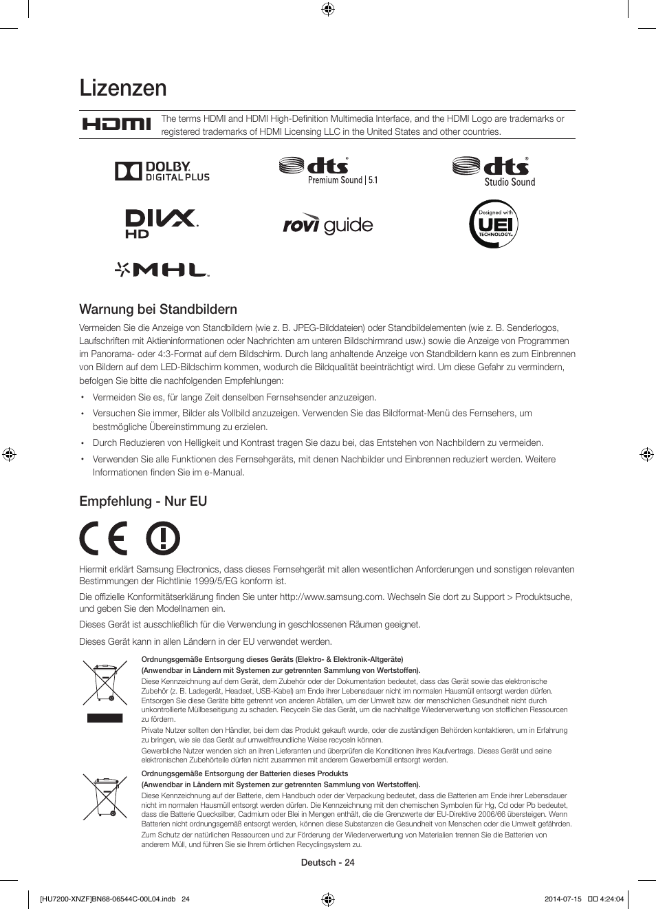 Lizenzen, Warnung bei standbildern, Empfehlung - nur eu | Samsung UE65HU7200S User Manual | Page 72 / 97