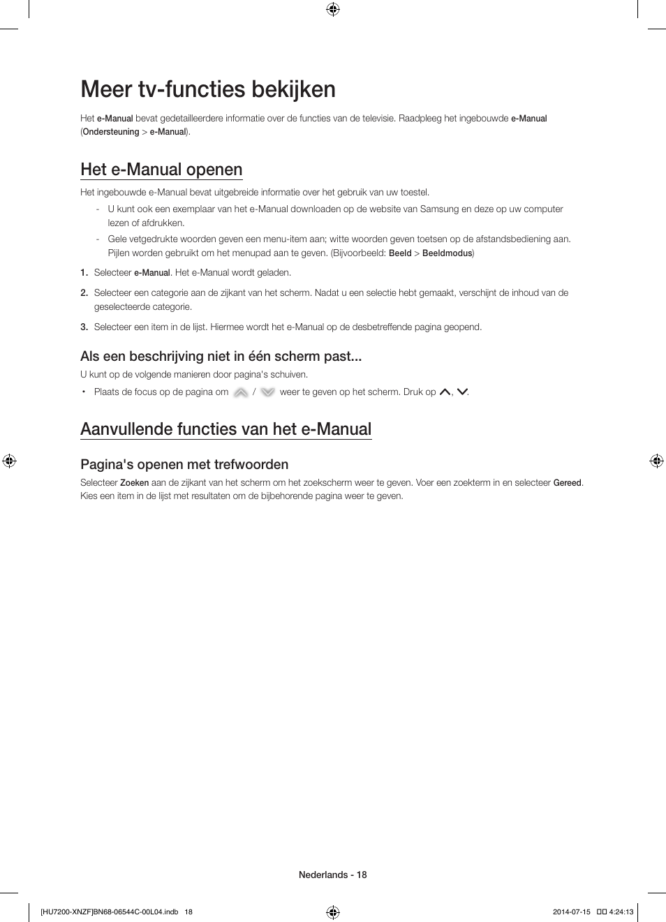 Meer tv-functies bekijken, Het e-manual openen, Aanvullende functies van het e-manual | Als een beschrijving niet in één scherm past, Pagina's openen met trefwoorden | Samsung UE65HU7200S User Manual | Page 90 / 97