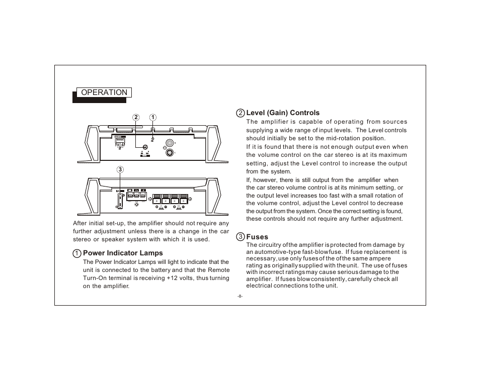 Operation, Power indicator lamps, Level (gain) controls | Fuses | Audiovox AXT-240 User Manual | Page 10 / 12