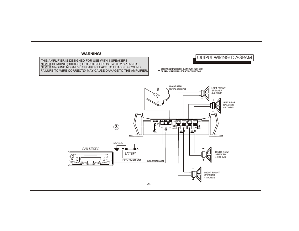 Output wiring diagram, Warning | Audiovox AXT-240 User Manual | Page 9 / 12