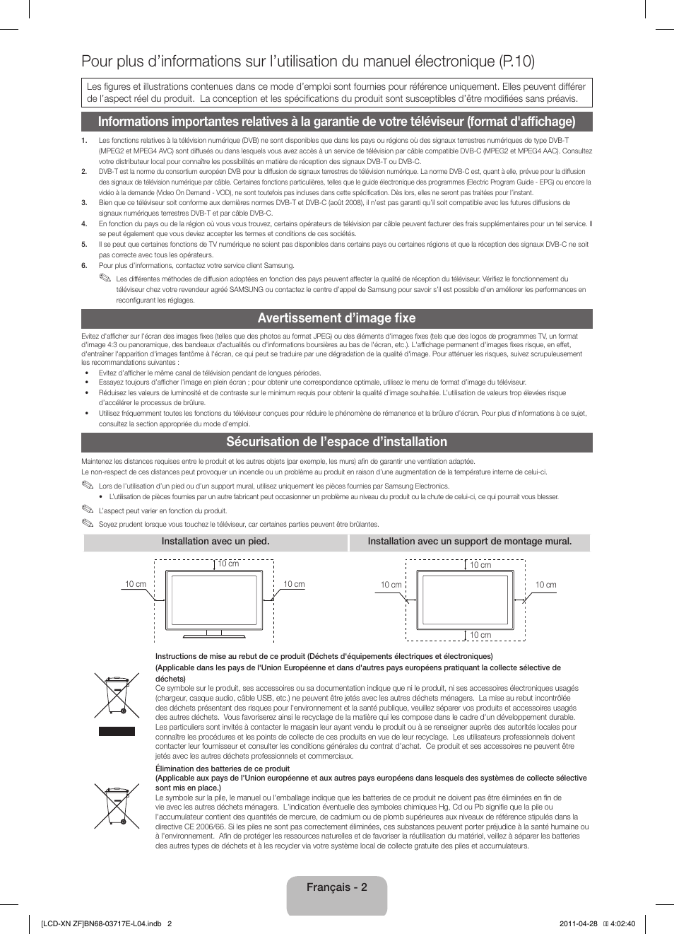 Avertissement d’image fixe, Sécurisation de l’espace d’installation | Samsung LE32D403E2W User Manual | Page 16 / 57