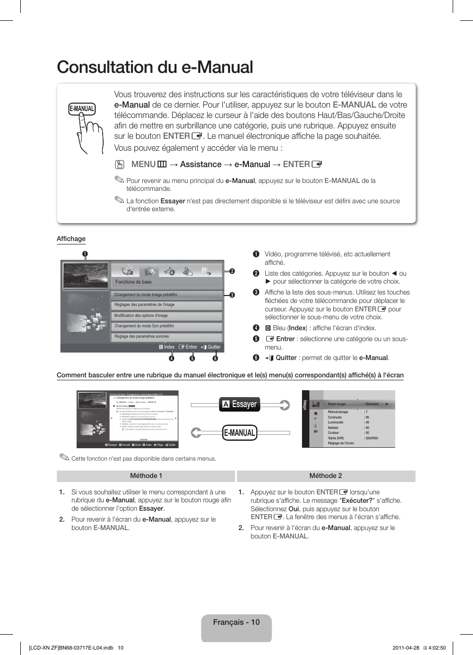 Consultation du e-manual, A essayer, E-manual | Menu m → assistance → e-manual → enter e | Samsung LE32D403E2W User Manual | Page 24 / 57