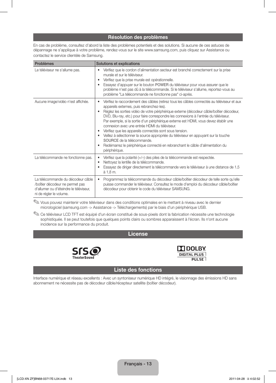 License liste des fonctions | Samsung LE32D403E2W User Manual | Page 27 / 57