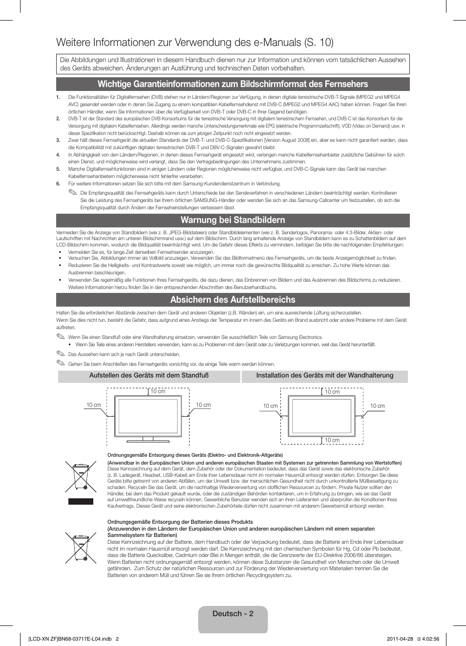 Warnung bei standbildern, Absichern des aufstellbereichs | Samsung LE32D403E2W User Manual | Page 30 / 57