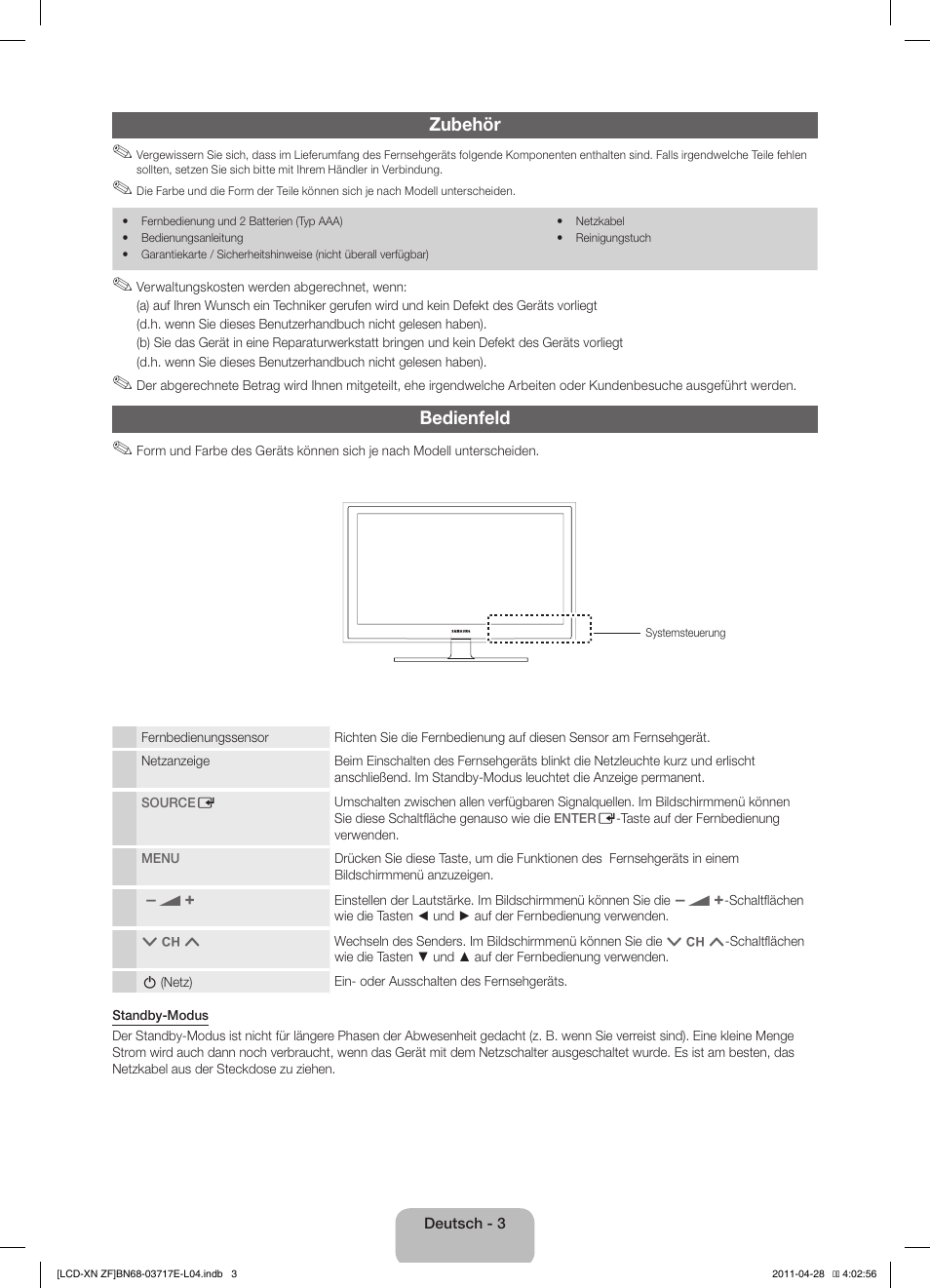 Zubehör, Bedienfeld | Samsung LE32D403E2W User Manual | Page 31 / 57