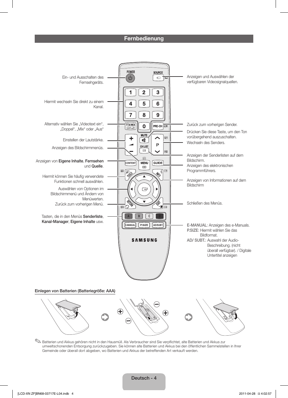 Fernbedienung | Samsung LE32D403E2W User Manual | Page 32 / 57