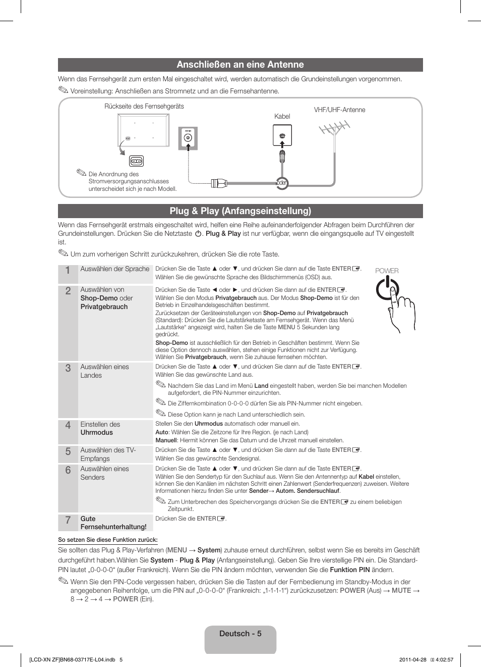 Anschließen an eine antenne, Plug & play (anfangseinstellung) | Samsung LE32D403E2W User Manual | Page 33 / 57
