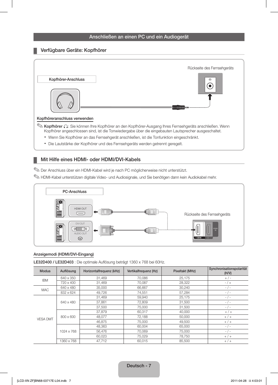 Mit hilfe eines hdmi- oder hdmi/dvi-kabels | Samsung LE32D403E2W User Manual | Page 35 / 57