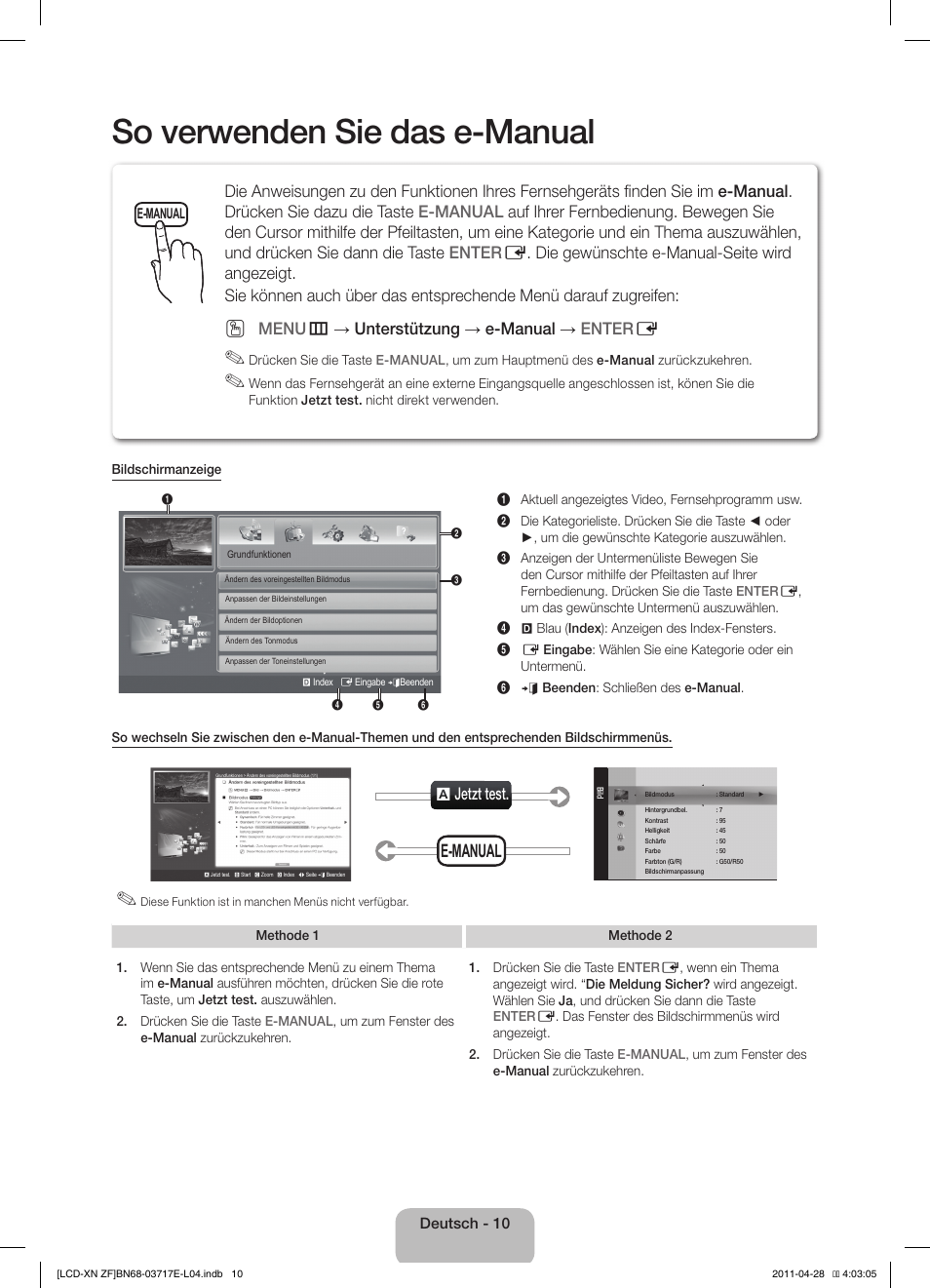 So verwenden sie das e-manual, E-manual, A jetzt test | Menu m → unterstützung → e-manual → enter e | Samsung LE32D403E2W User Manual | Page 38 / 57