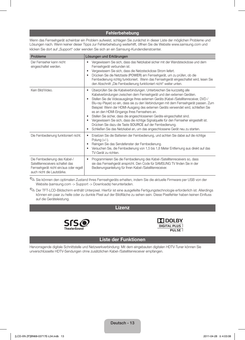 Lizenz liste der funktionen | Samsung LE32D403E2W User Manual | Page 41 / 57