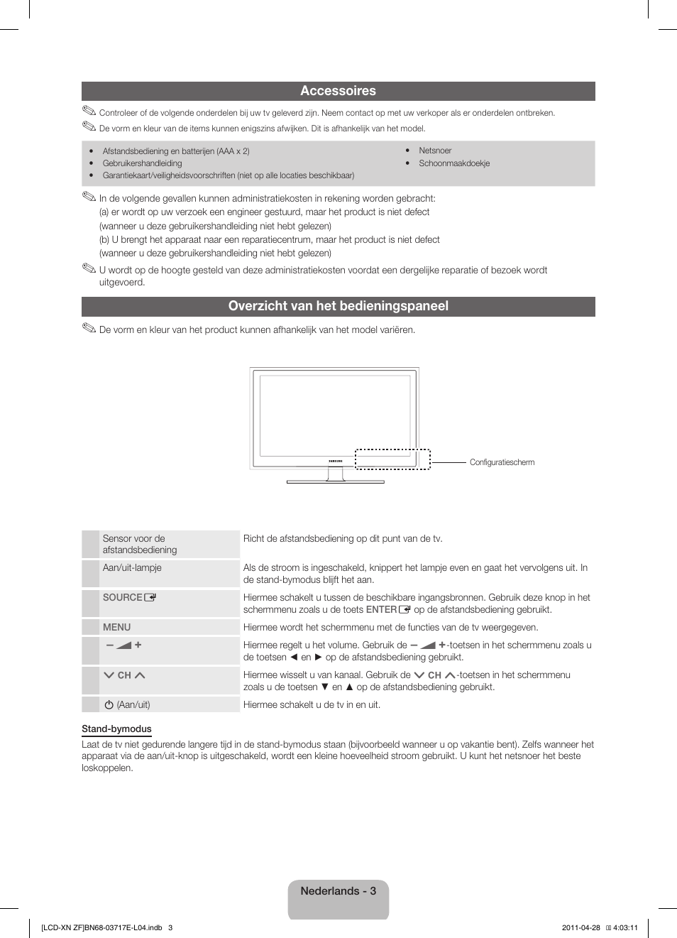 Accessoires, Overzicht van het bedieningspaneel | Samsung LE32D403E2W User Manual | Page 45 / 57
