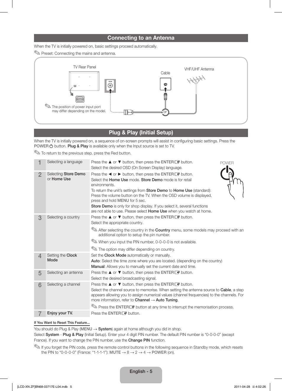 Connecting to an antenna, Plug & play (initial setup) | Samsung LE32D403E2W User Manual | Page 5 / 57