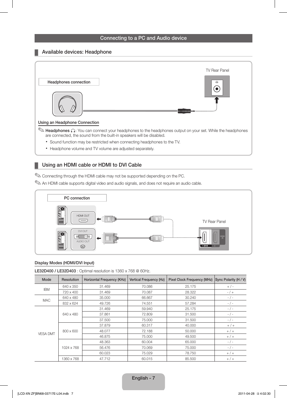 Using an hdmi cable or hdmi to dvi cable | Samsung LE32D403E2W User Manual | Page 7 / 57