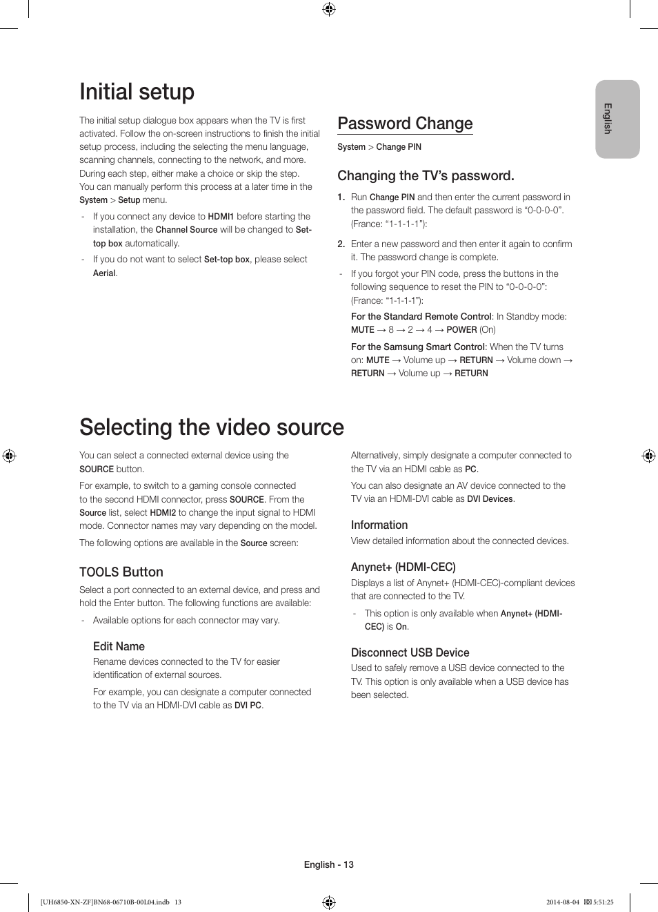 Initial setup, Selecting the video source, Password change | Changing the tv’s password, Button, Tools | Samsung UE48H6850AW User Manual | Page 13 / 90