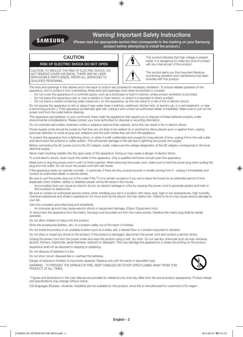 Warning! important safety instructions, Caution | Samsung UE48H6850AW User Manual | Page 2 / 90