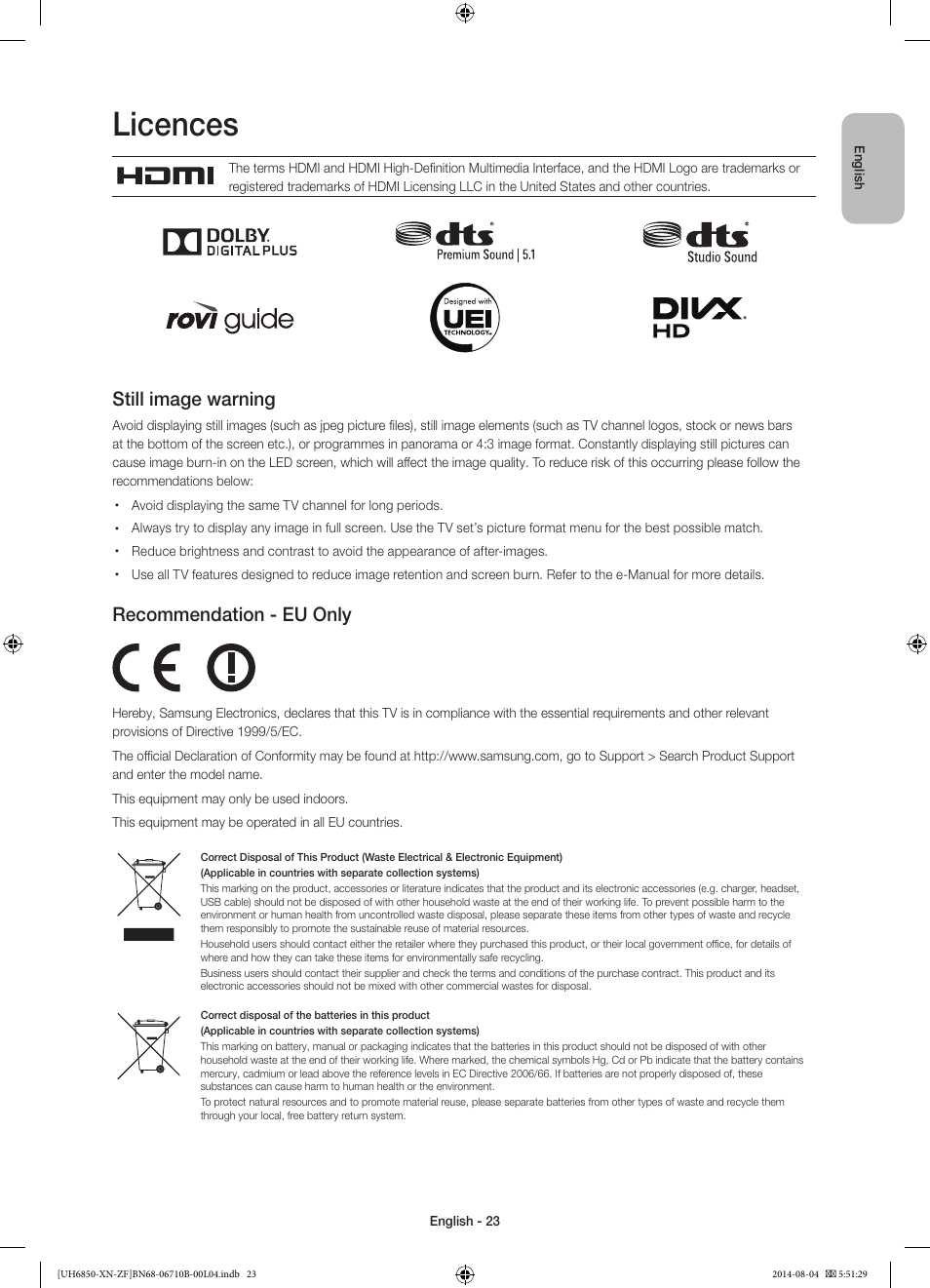 Licences, Still image warning, Recommendation - eu only | Samsung UE48H6850AW User Manual | Page 23 / 90