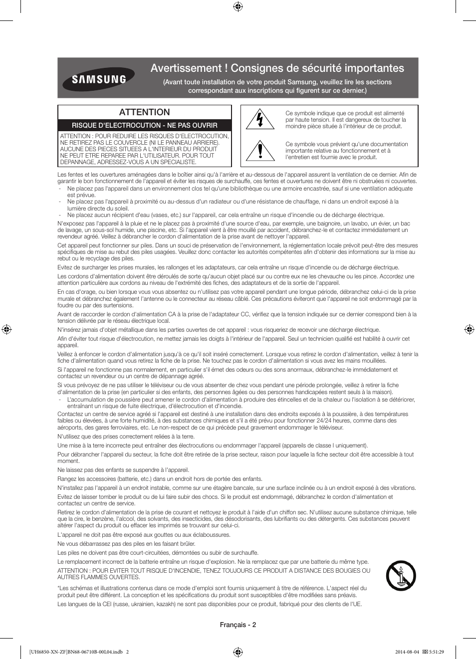 Avertissement ! consignes de sécurité importantes, Attention | Samsung UE48H6850AW User Manual | Page 24 / 90