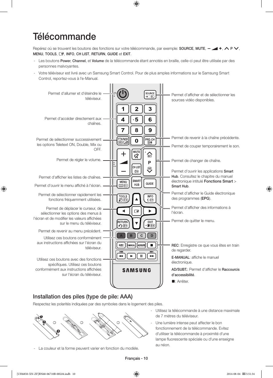 Télécommande, Installation des piles (type de pile: aaa) | Samsung UE48H6850AW User Manual | Page 32 / 90