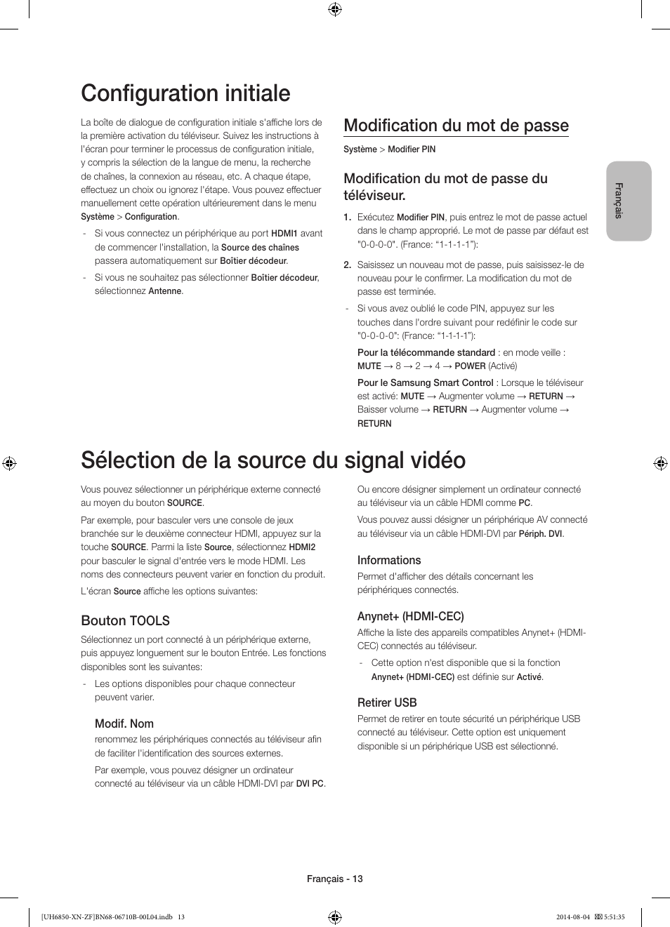 Configuration initiale, Sélection de la source du signal vidéo, Modification du mot de passe | Modification du mot de passe du téléviseur, Bouton, Tools | Samsung UE48H6850AW User Manual | Page 35 / 90