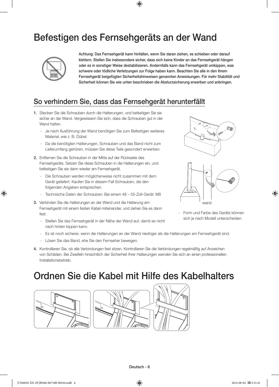 Befestigen des fernsehgeräts an der wand, Ordnen sie die kabel mit hilfe des kabelhalters | Samsung UE48H6850AW User Manual | Page 50 / 90