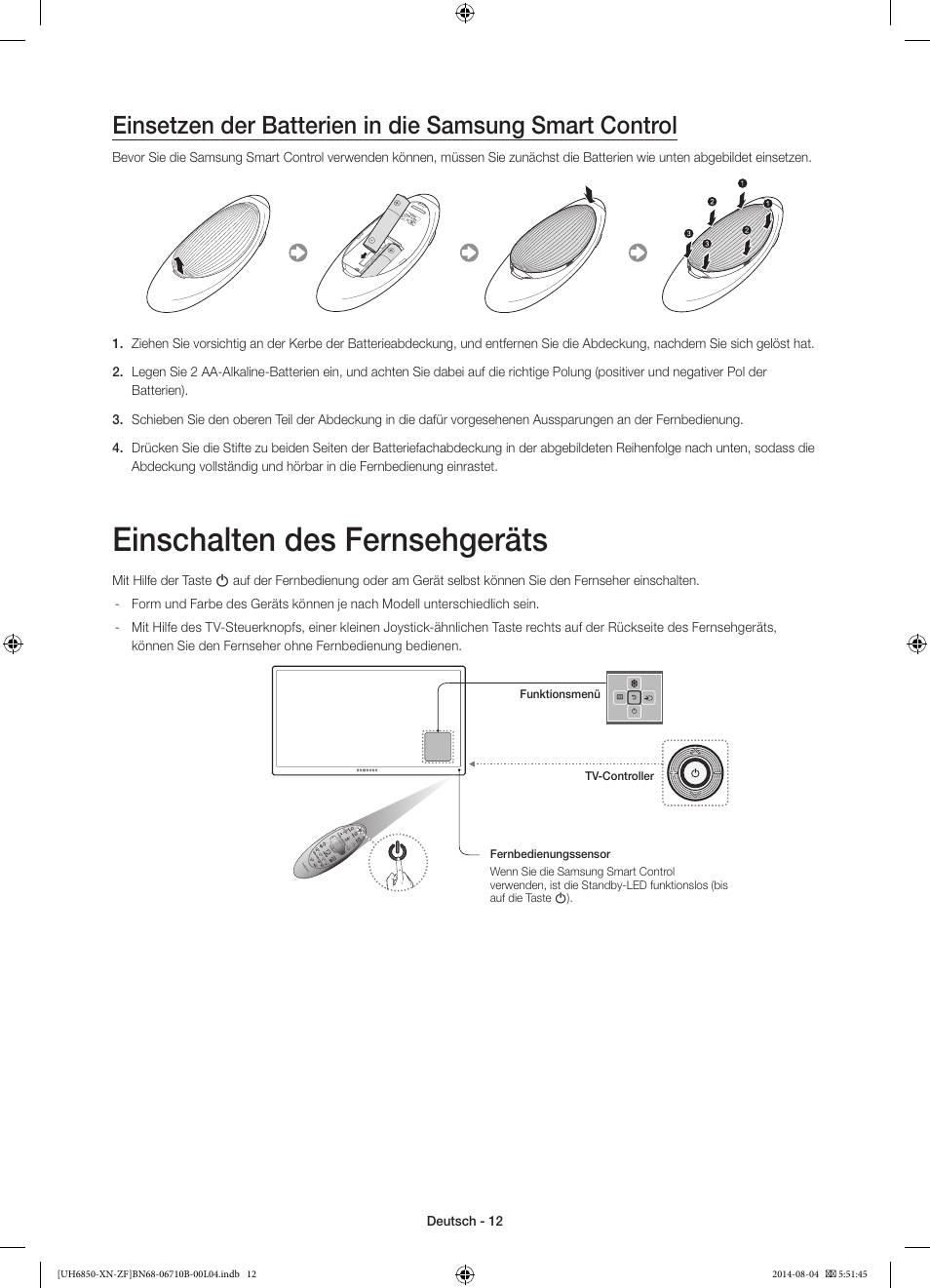 Einschalten des fernsehgeräts | Samsung UE48H6850AW User Manual | Page 56 / 90