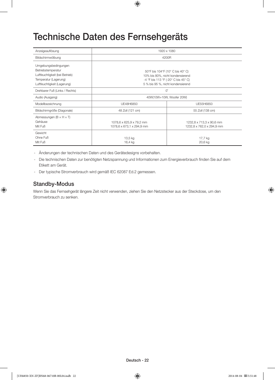 Technische daten des fernsehgeräts, Standby-modus | Samsung UE48H6850AW User Manual | Page 66 / 90
