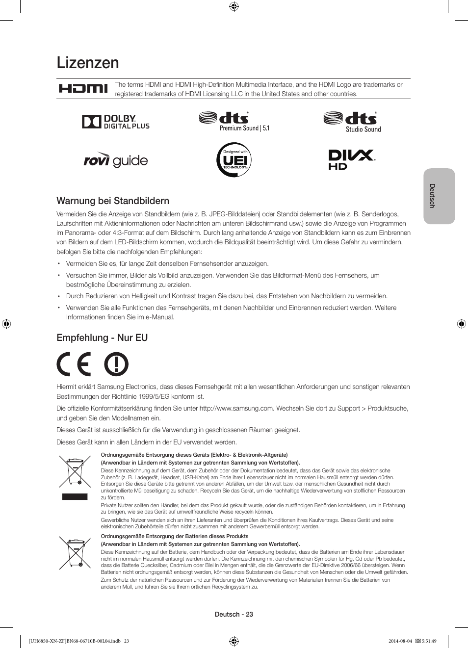 Lizenzen, Warnung bei standbildern, Empfehlung - nur eu | Samsung UE48H6850AW User Manual | Page 67 / 90