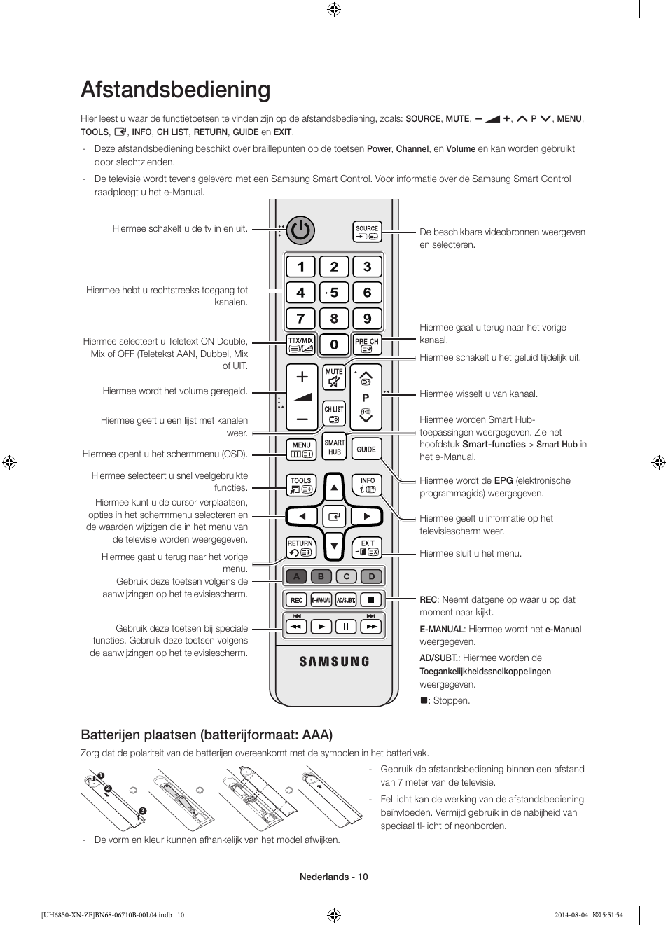 Afstandsbediening, Batterijen plaatsen (batterijformaat: aaa) | Samsung UE48H6850AW User Manual | Page 76 / 90