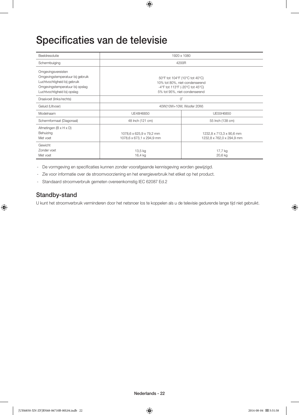 Specificaties van de televisie, Standby-stand | Samsung UE48H6850AW User Manual | Page 88 / 90