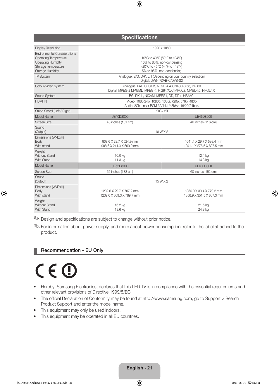 Specifications, Recommendation - eu only | Samsung UE46D8000YS User Manual | Page 21 / 82