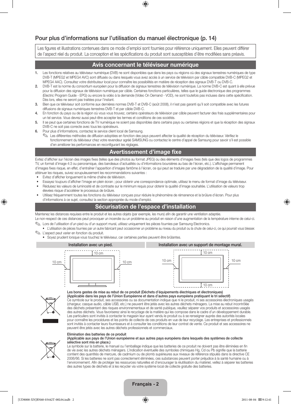 Avis concernant le téléviseur numérique, Avertissement d’image fixe, Sécurisation de l’espace d’installation | Samsung UE46D8000YS User Manual | Page 22 / 82