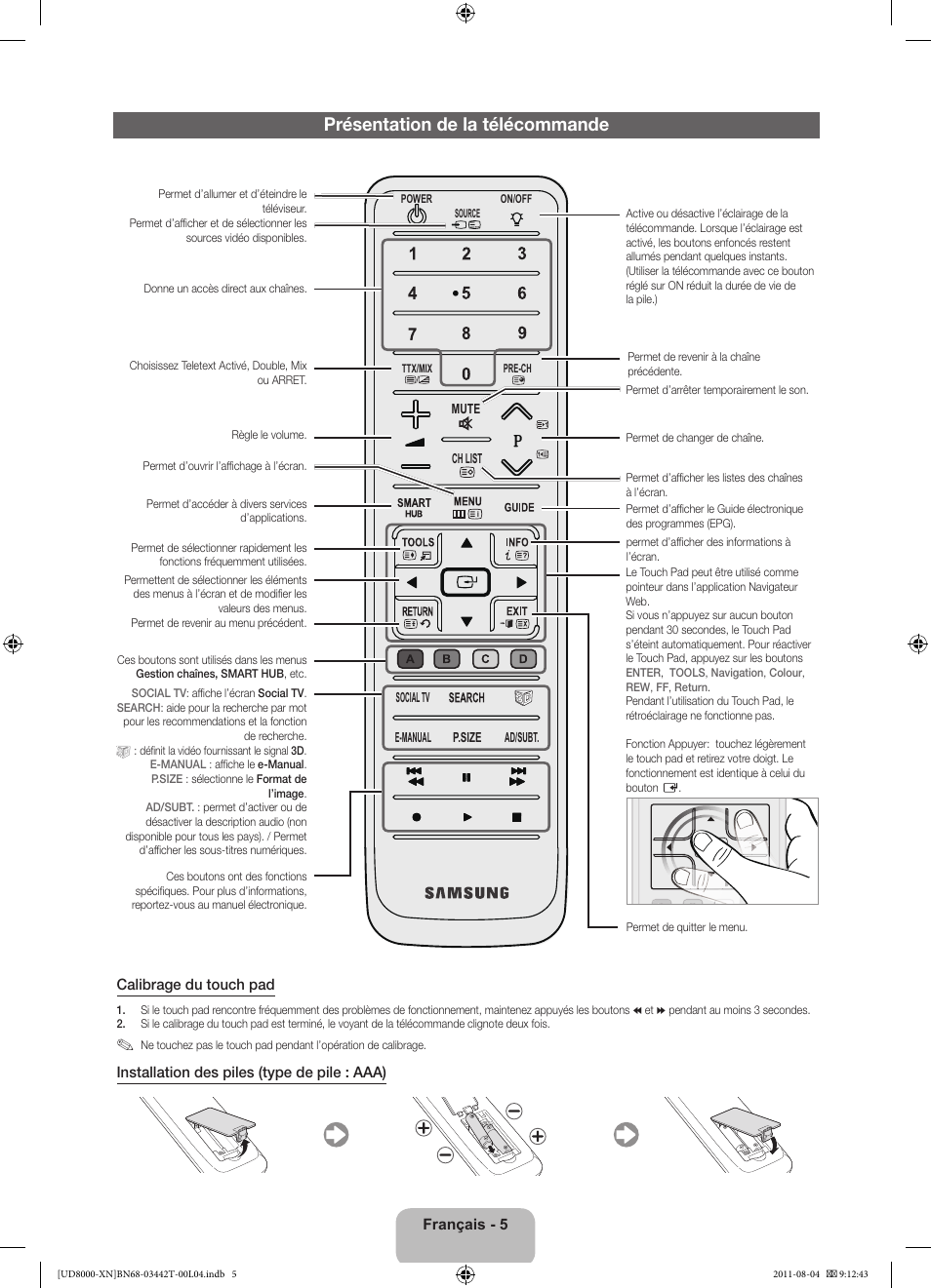 Présentation de la télécommande | Samsung UE46D8000YS User Manual | Page 25 / 82