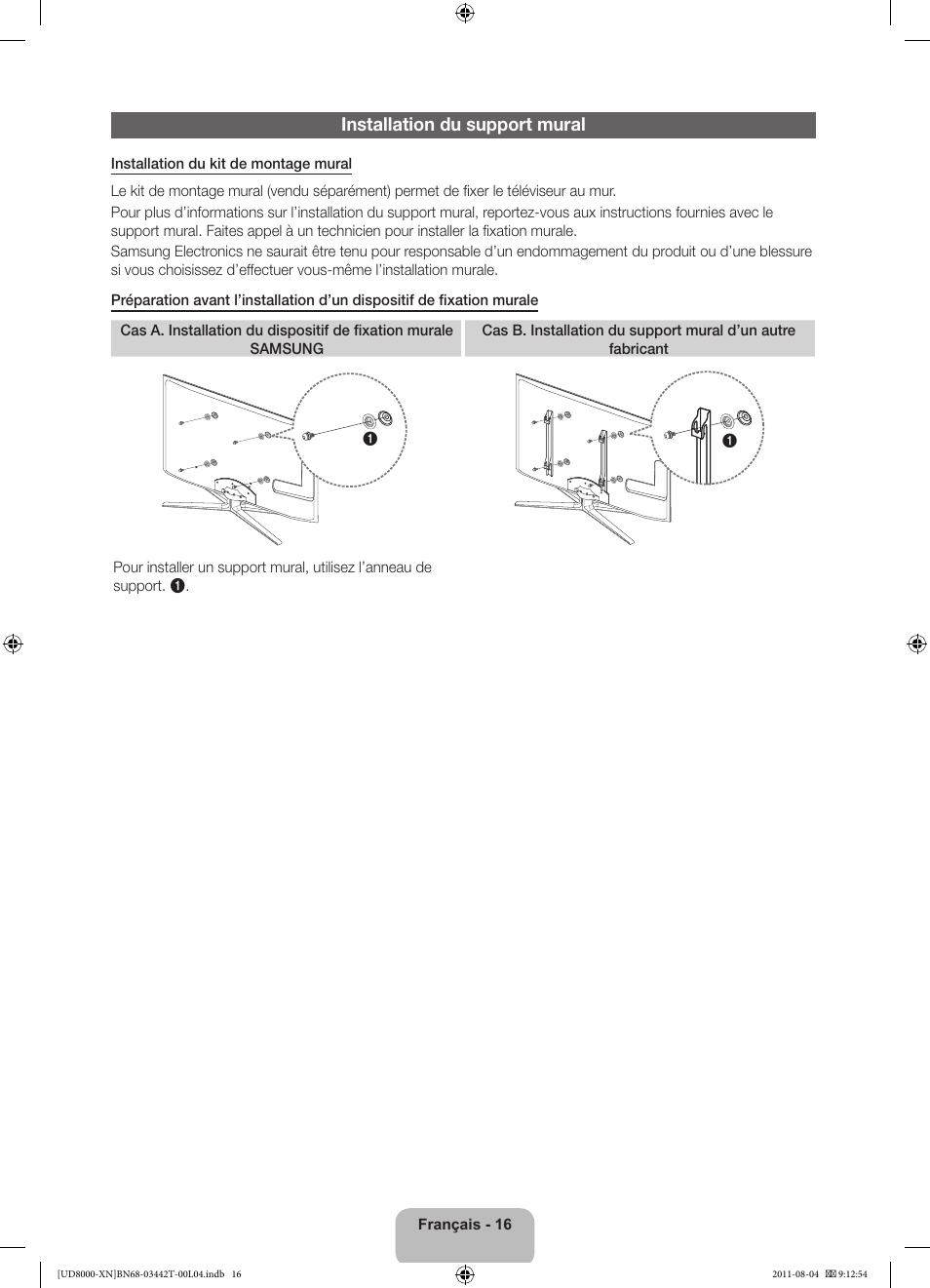 Installation du support mural | Samsung UE46D8000YS User Manual | Page 36 / 82