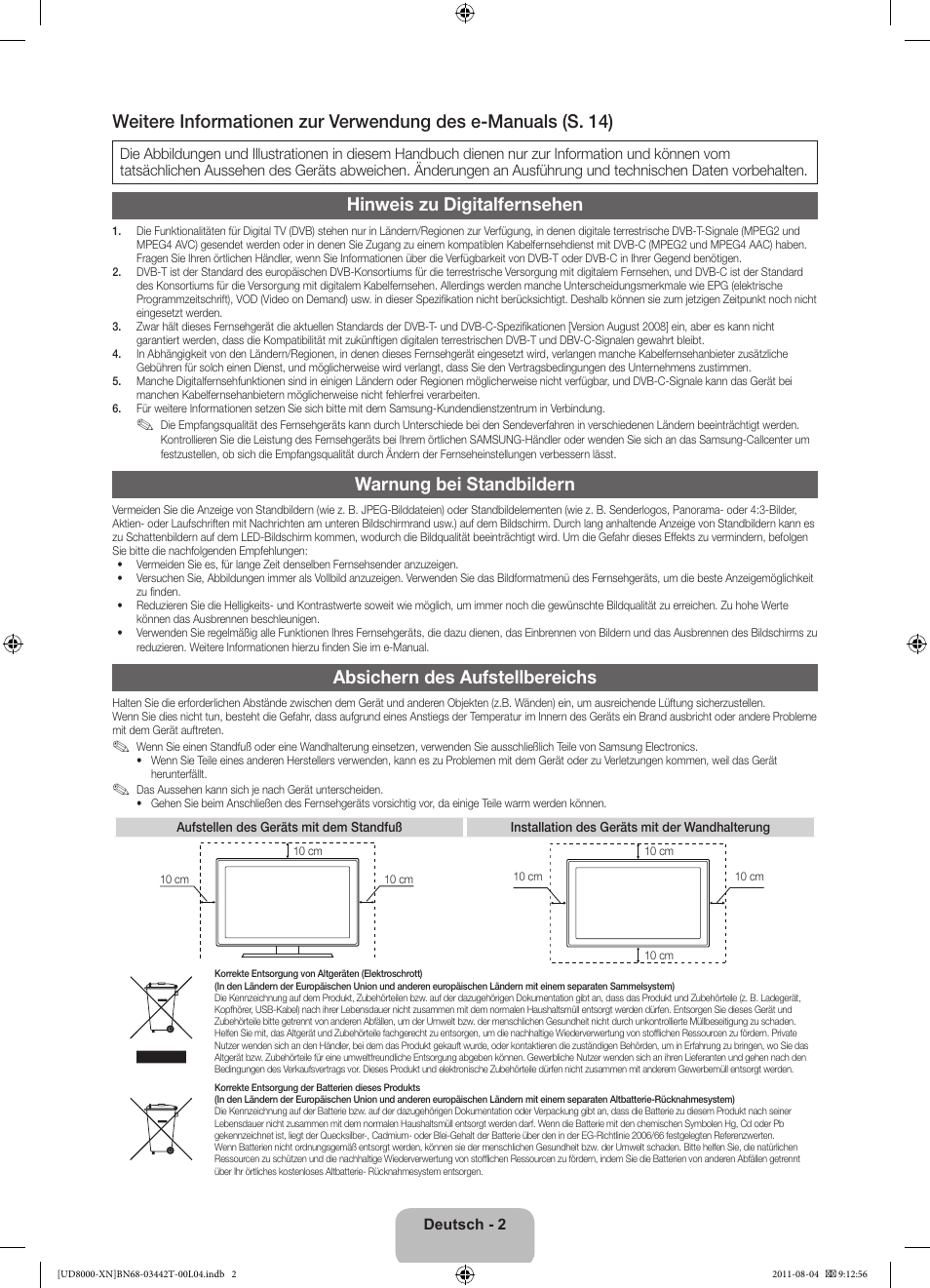 Hinweis zu digitalfernsehen, Warnung bei standbildern, Absichern des aufstellbereichs | Samsung UE46D8000YS User Manual | Page 42 / 82