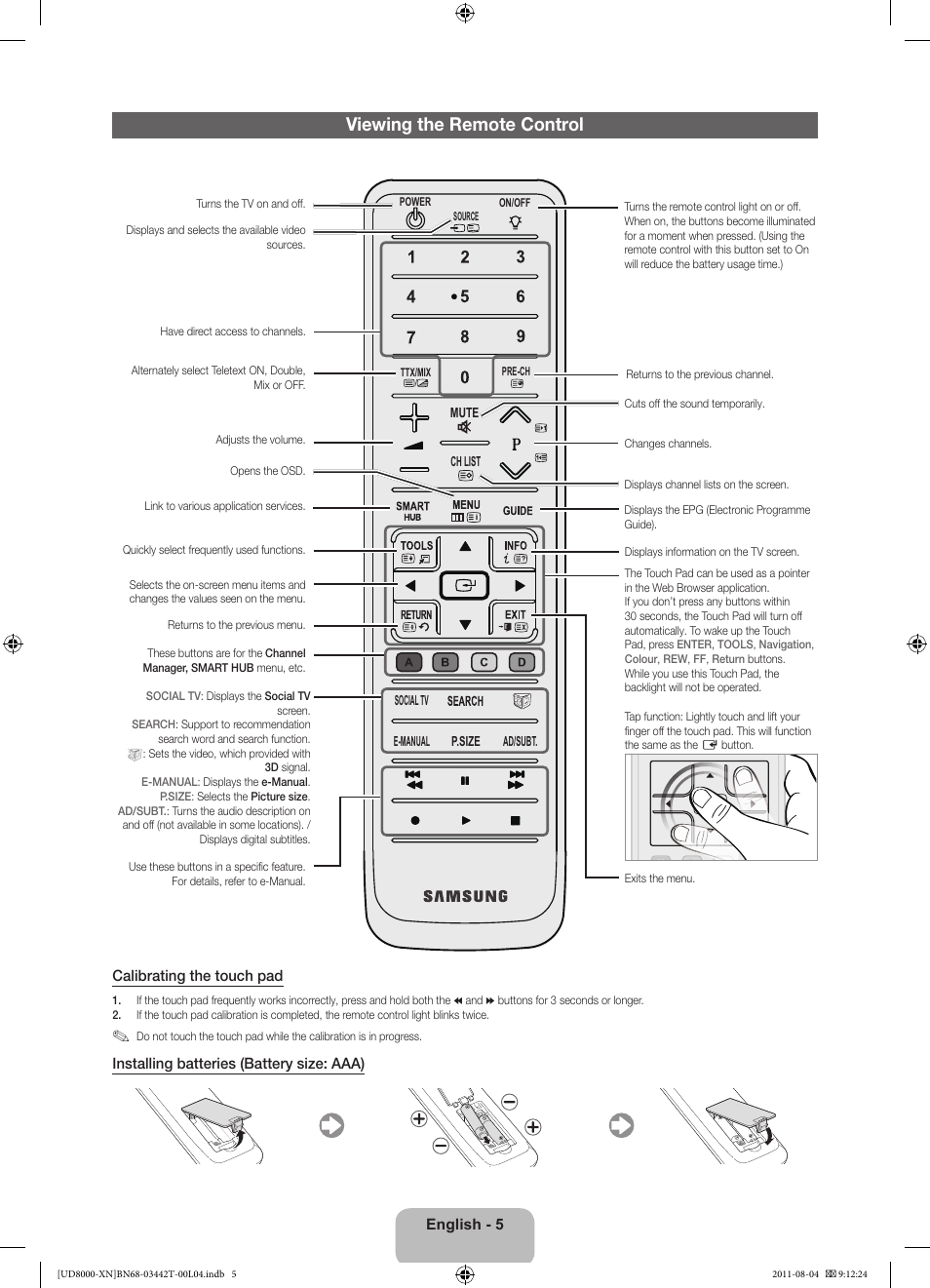 Viewing the remote control | Samsung UE46D8000YS User Manual | Page 5 / 82