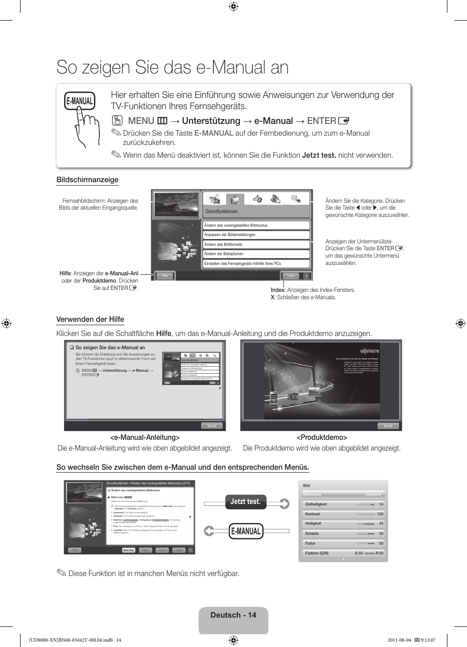 So zeigen sie das e-manual an, Menu m → unterstützung → e-manual → enter e, E-manual | Deutsch - 14, Jetzt test | Samsung UE46D8000YS User Manual | Page 54 / 82