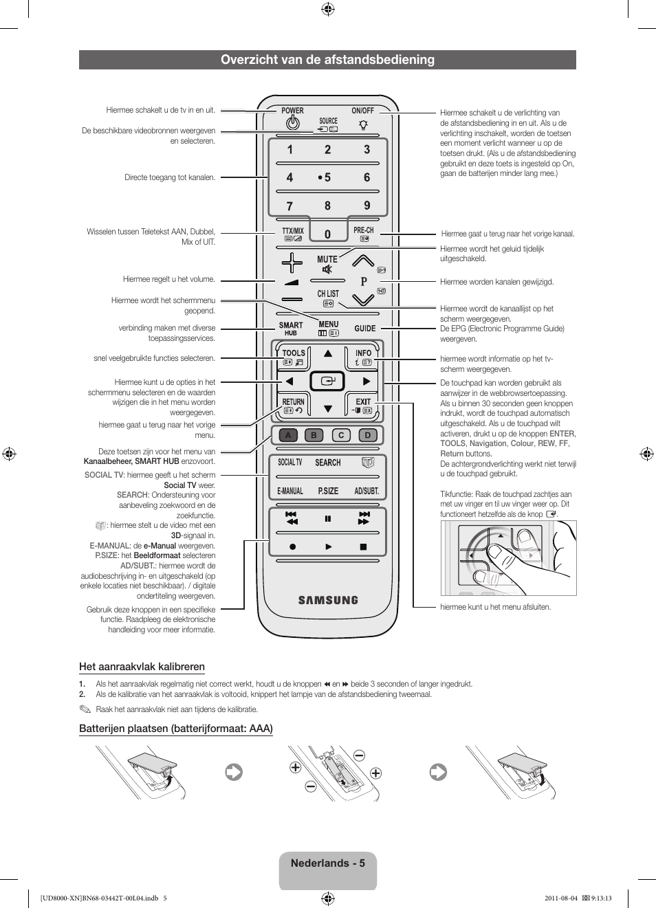 Overzicht van de afstandsbediening | Samsung UE46D8000YS User Manual | Page 65 / 82