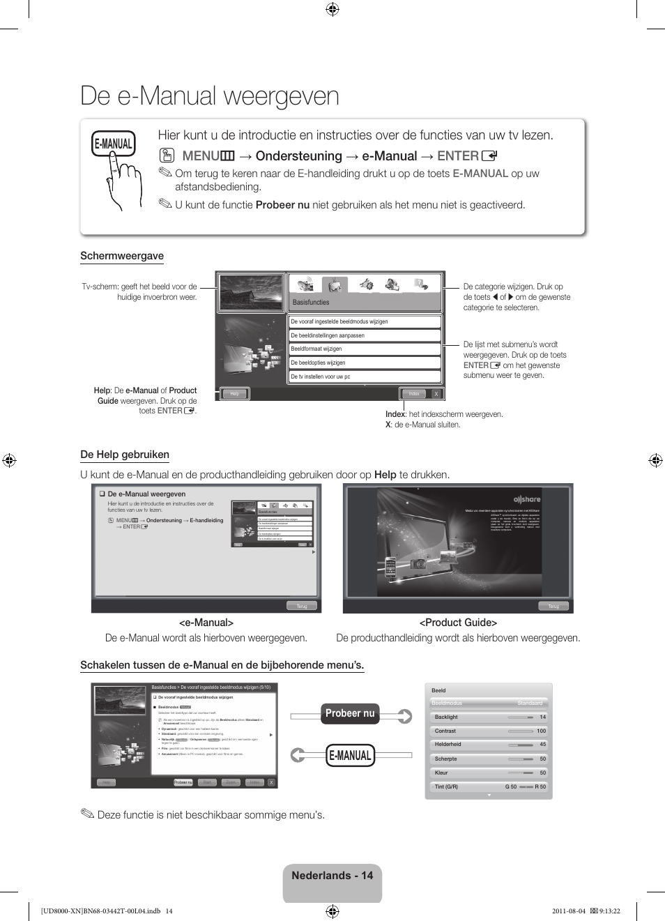 De e-manual weergeven, Menu m → ondersteuning → e-manual → enter e, E-manual | Nederlands - 14, Deze functie is niet beschikbaar sommige menu’s, Probeer nu | Samsung UE46D8000YS User Manual | Page 74 / 82