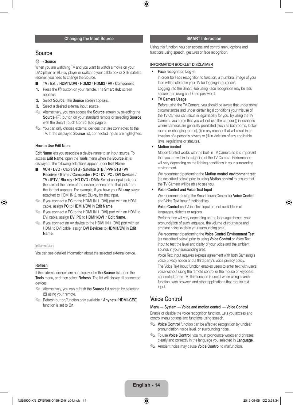 Source, Voice control | Samsung UE75ES9000S User Manual | Page 14 / 93