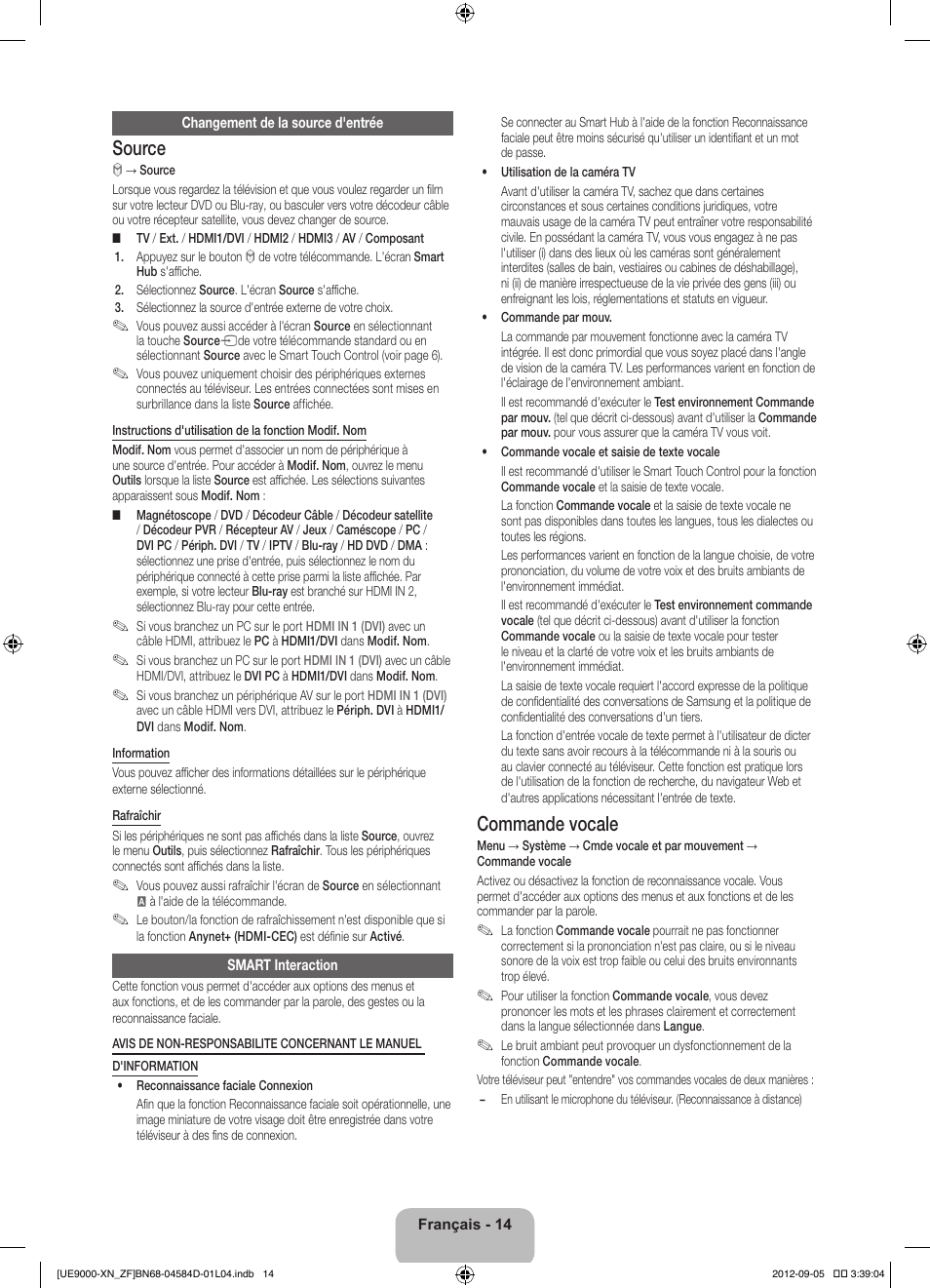 Source, Commande vocale | Samsung UE75ES9000S User Manual | Page 37 / 93