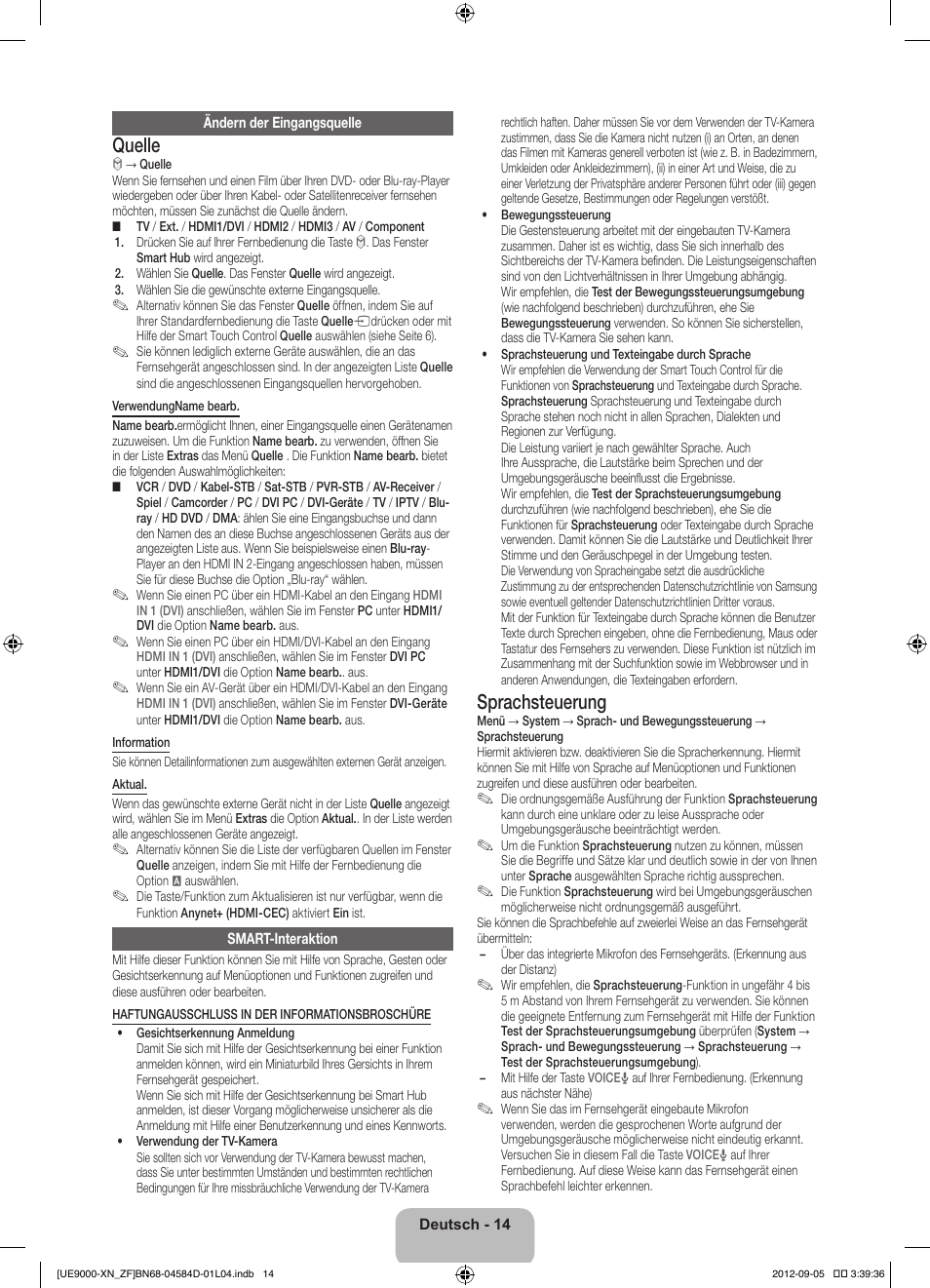 Quelle, Sprachsteuerung | Samsung UE75ES9000S User Manual | Page 60 / 93