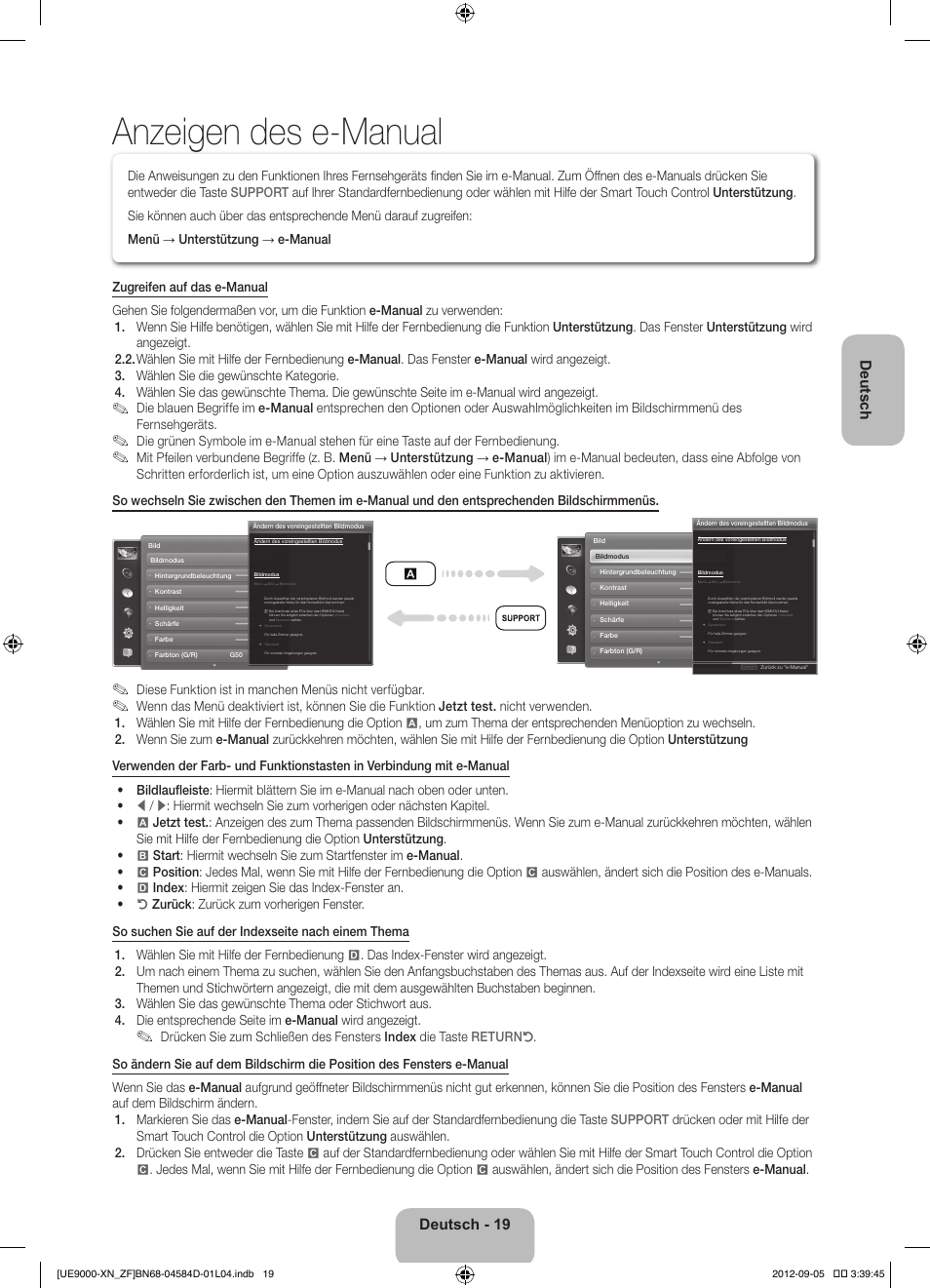 Anzeigen des e-manual, Deutsch, Deutsch - 19 | Samsung UE75ES9000S User Manual | Page 65 / 93