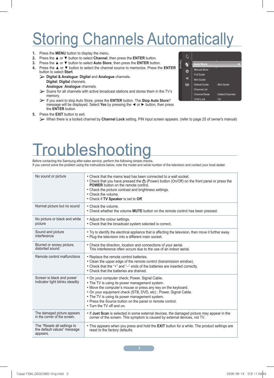 Troubleshooting, Storing channels automatically | Samsung PS58A676T1M User Manual | Page 4 / 5