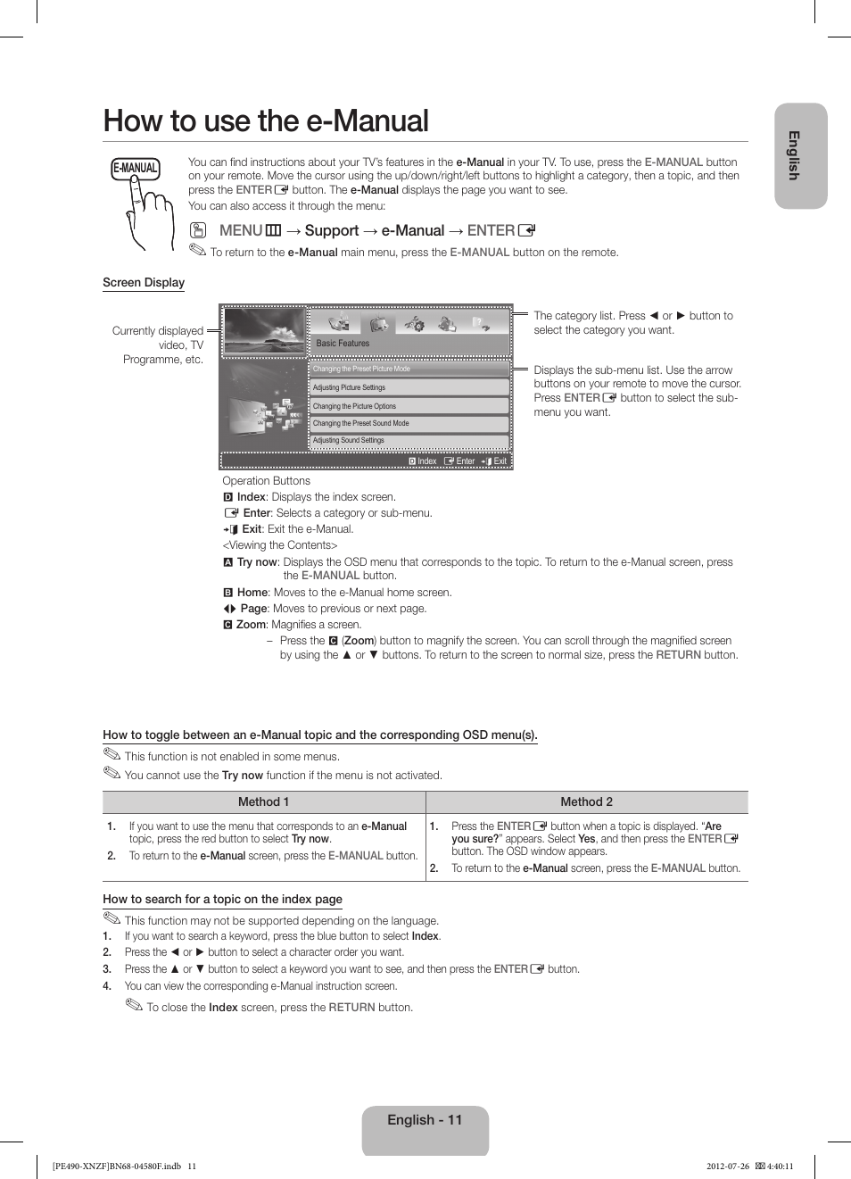 How to use the e-manual | Samsung PS43E490B1W User Manual | Page 11 / 57